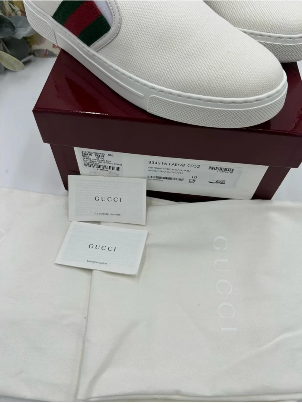 Men’s Gucci, ace canvas slip on sneakers w iconic web trim size 10 fits 10.5US